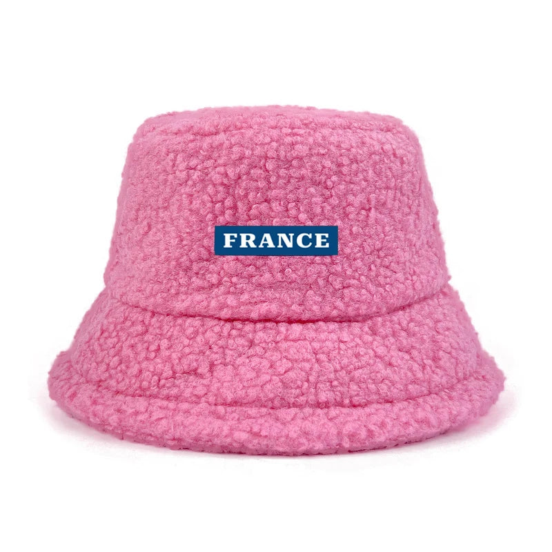 Custom Logo Text France Lamb Faux Fur bob Bucket Hat Winter Warm Velvet Hat For Women Lady Outdoor men Panama Fisherman VEST Hat