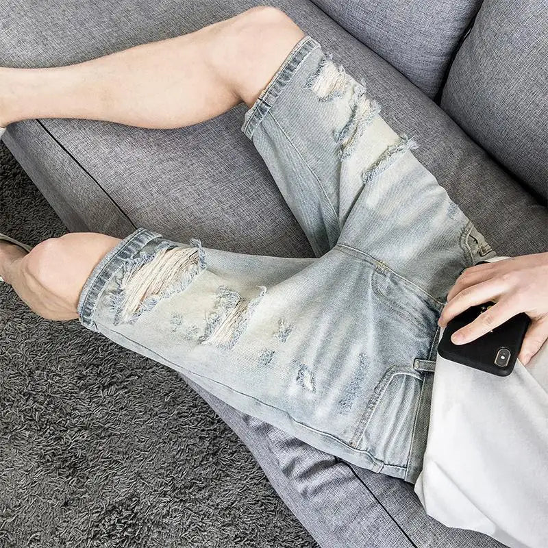 Male Denim Shorts Straight Slim Ripped Men's Short Jeans Pants Skinny Cowboy Rude Harajuku Sale Y2k Fashion Streetwear Jorts Xl
