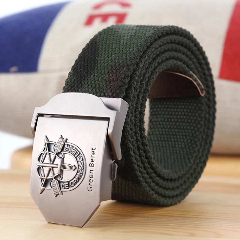 Men Canvas Belt Green Beret Metal Buckle Tactical Belts for Men Jeans Waistband Army Outdoor Soldier Special forces Strap Male