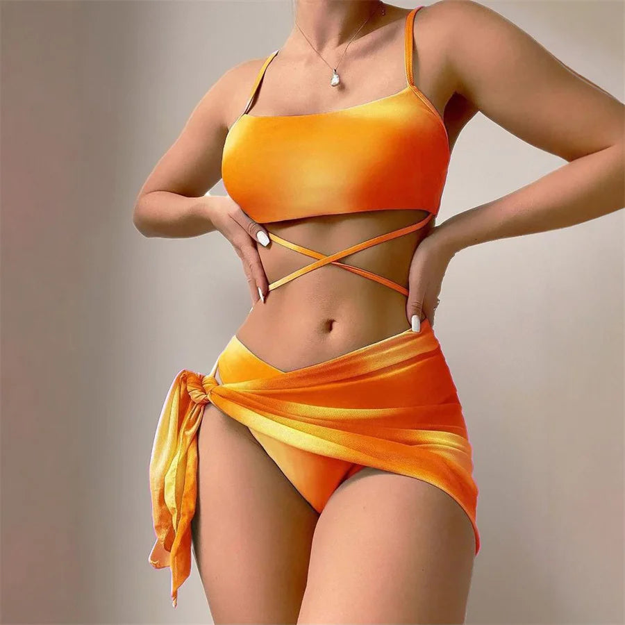 3 Pieces Bikini Suit Tie Dye Sexy Low Waist Bandage Swim Vest And Shorts Cover Up Swimwear Female Women Bathing Suits