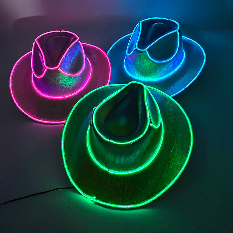 LED Western Cowboy Hat Cowgirl Hat Retro EL Wire Light Brim Jazz Top Hat Bride Cowboy Hat Cosplay Cowboy Costume For Women Men