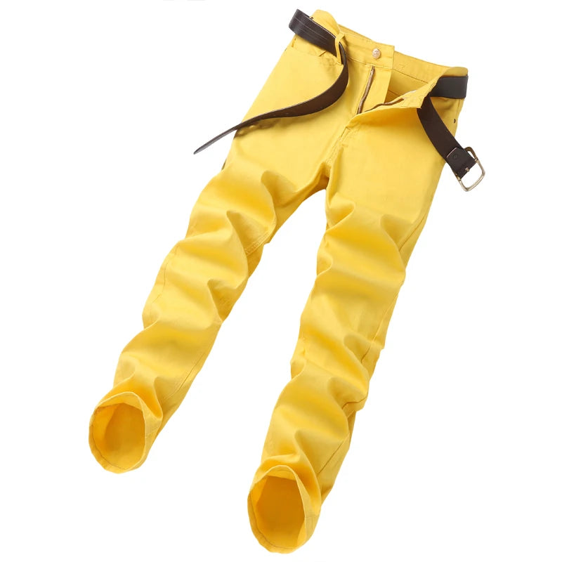 Fashion Straight Stretch Denim Pants Solid New Men's Slim Jeans Solid Yellow Red Green Blue Business Casual Classic Trousers