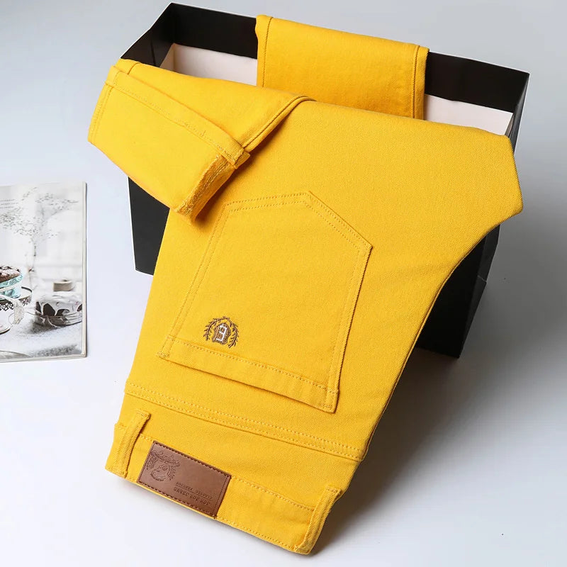 Men's Casual Stretch Slim New Jeans Solid color Business Fashion Casual Jeans Korean Straight Yellow Pink Red Male Clothing
