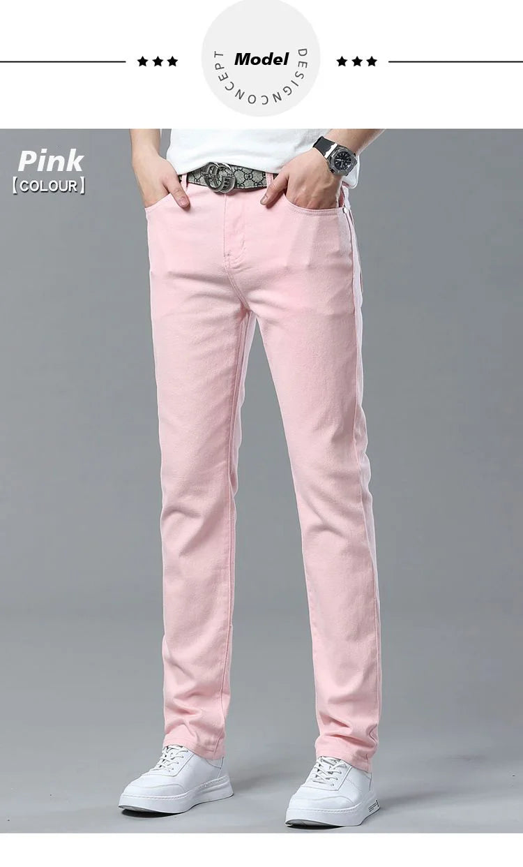 Men High Quality Pink Red Yellow Jeans Fashion Casual Classic Style Slim Fit Soft Trousers Male Brand Advanced Stretch Pants