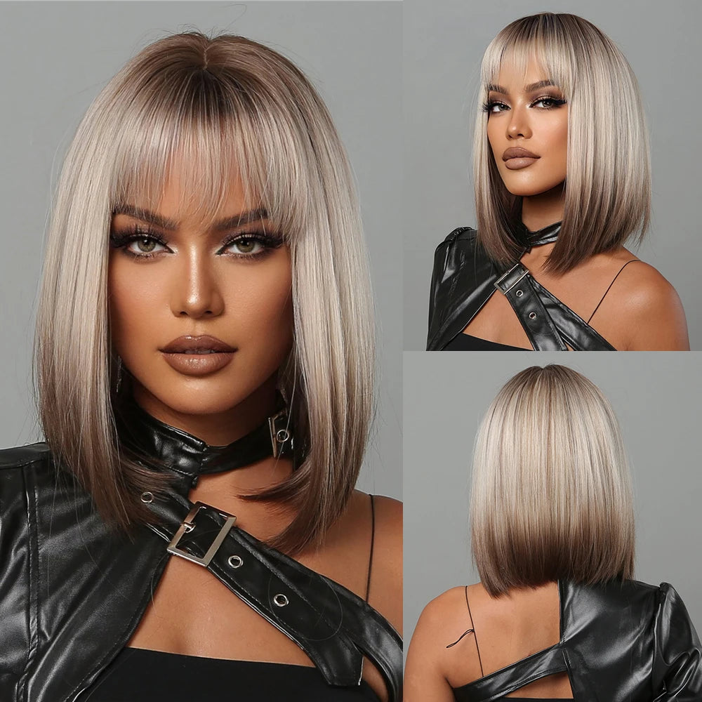 Short Wine Red Synthetic Wigs Straight Hair Wig with Bangs Bob Hair for Black Women Afro Cosplay Party Heat Resistant Wigs
