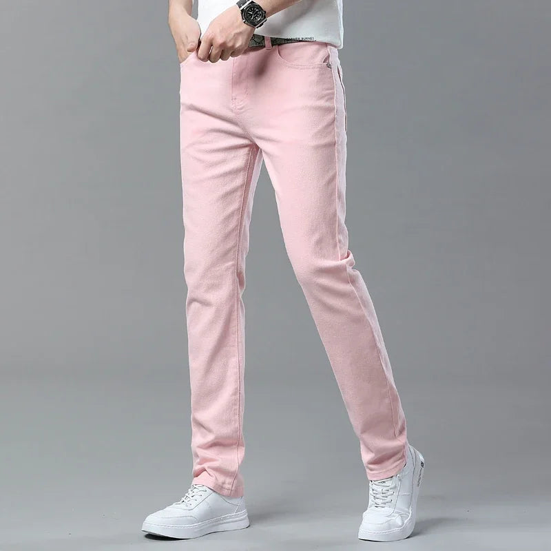 Men's Straight Pink Jeans High Quality Design Fashionable Denim Pants Stretch Slim Casual Youth Streetwear Male Yellow Red