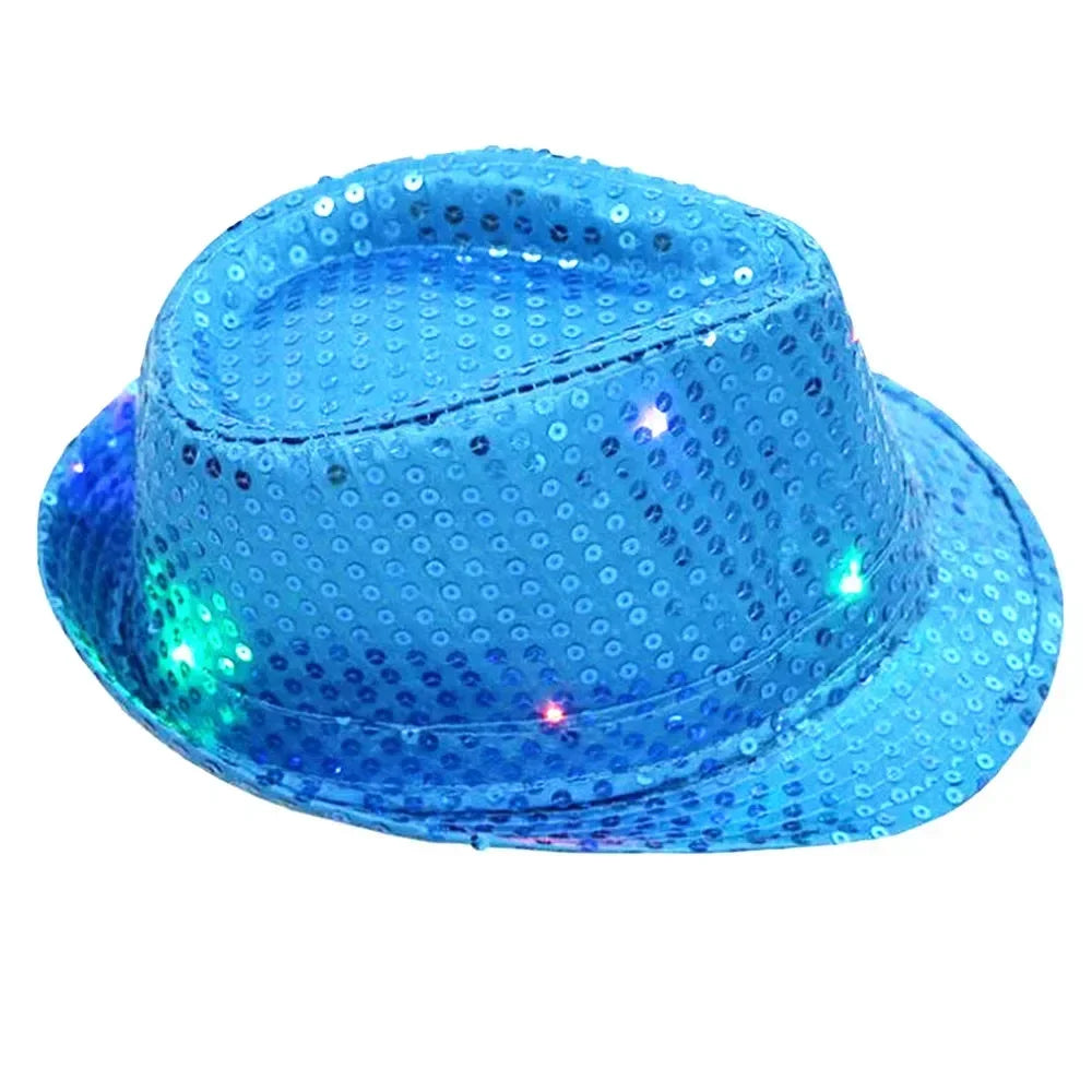 Woman Men Kids LED Light Up Sequin Fedora Jazz Hat Cap Gift Necktie Tie Neon Glow Party Bar Birthday Costume Wedding Festival
