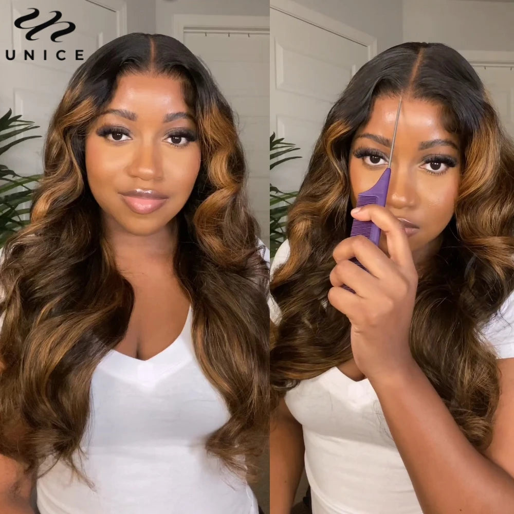 Unice Hair Balayage 3D Body Wave Wig Pre Cut Pre Bleached 7x5 13x4 Lace Frontal Human Hair Wig Pre Plucked Wear Go Glueless Wig