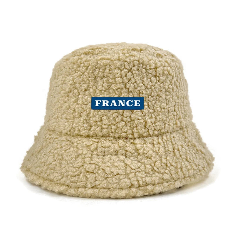 Custom Logo Text France Lamb Faux Fur bob Bucket Hat Winter Warm Velvet Hat For Women Lady Outdoor men Panama Fisherman VEST Hat