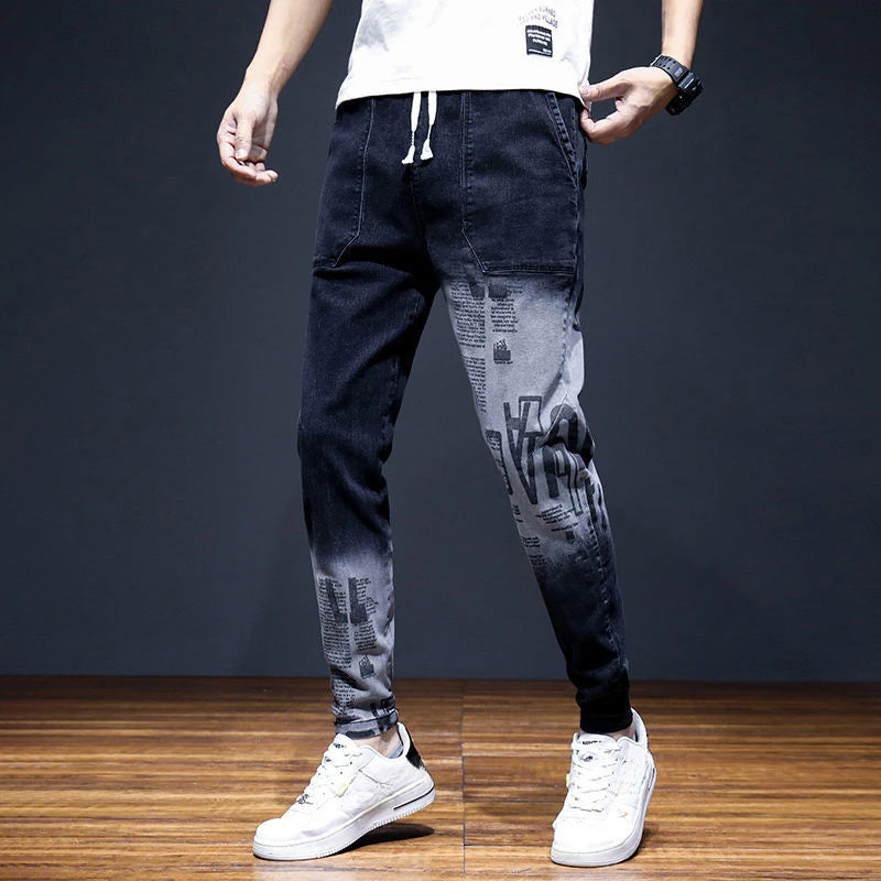 Men's Jeans With Print Tapered Male Cowboy Pants Spring Autumn Black Cropped Soft Trousers Stacked Youthful Emo Cheap Regular
