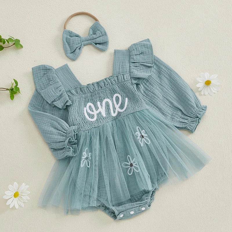 Baby Girls Romper Dress Mesh Flower Letter Pattern Ruffled Long Sleeve Smocked Jumpsuits Bow Headband