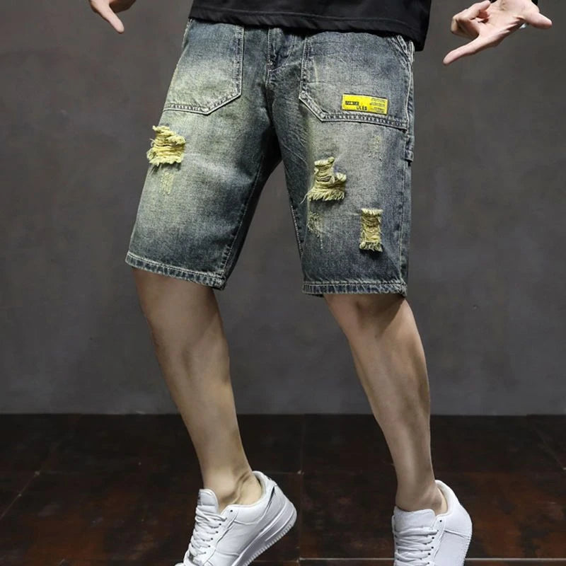 Men's Short Jeans Pants Cargo Ripped with Pockets Vintage Male Denim Shorts Streetwear Jorts Luxury Wih Zipper Buttons Blue Rude