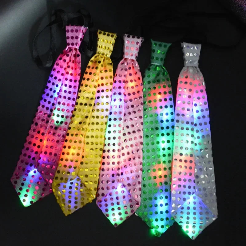 Woman Men Kids LED Light Up Sequin Fedora Jazz Hat Cap Gift Necktie Tie Neon Glow Party Bar Birthday Costume Wedding Festival