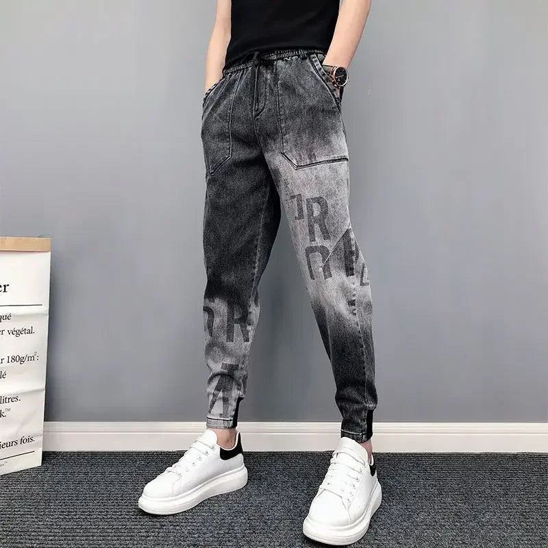 Trousers Letter Harem Men's Jeans With Print Man Cowboy Pants Black Comfortable Soft 2024 Korean Autumn Y2k Vintage Xs Retro