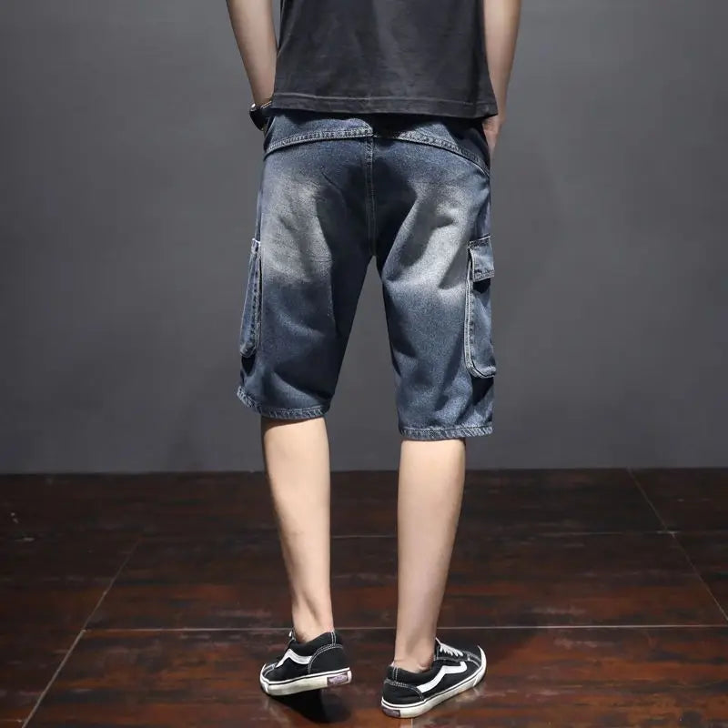 Men's Short Jeans Pants Cargo Ripped with Pockets Vintage Male Denim Shorts Streetwear Jorts Luxury Wih Zipper Buttons Blue Rude