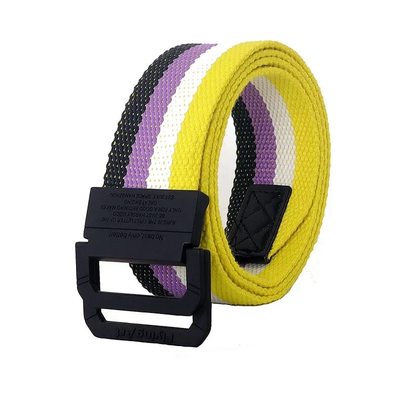 Unisex Canvas Belt Men Stripe Rainbow Metal Double Ring Buckle Jeans Student - Belt Designer Belt for Women
