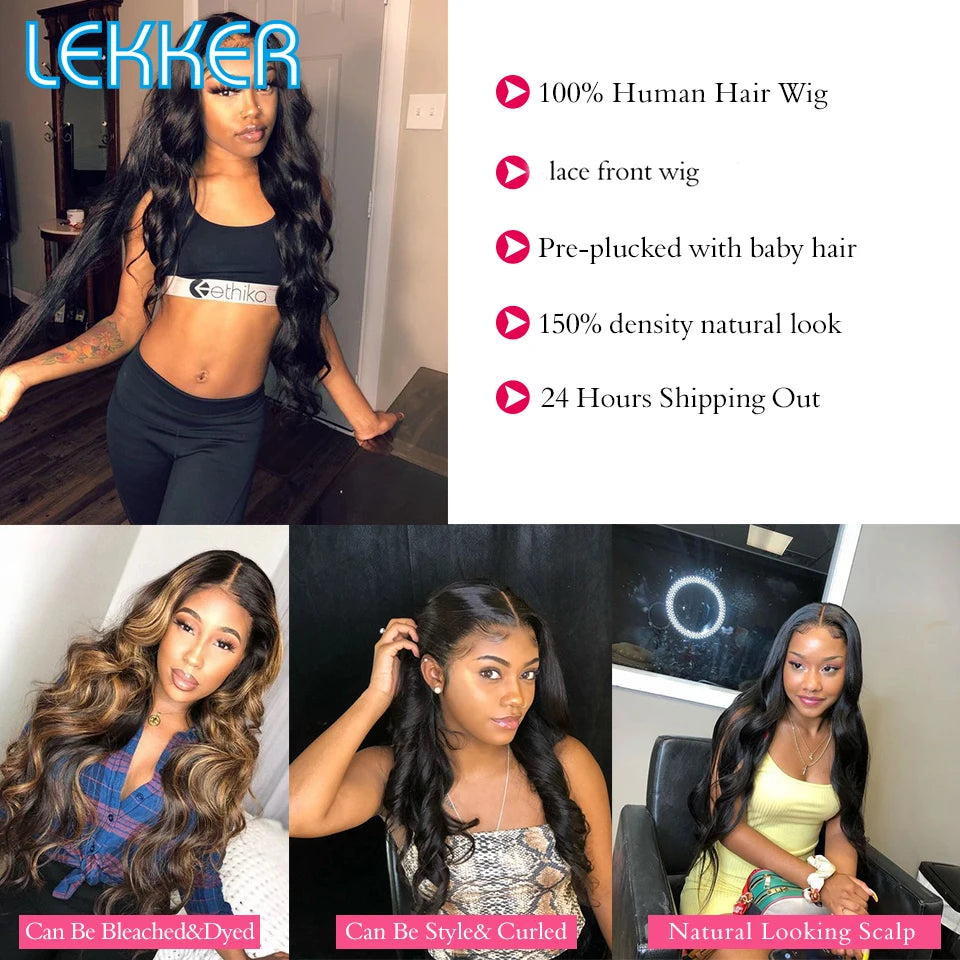 Lekker Wavy 13x1 T Part Lace Front 100% Human Hair Wigs For Women Brazilian Remy Hair Body Wave Middle Part Lace 28" Long Wigs