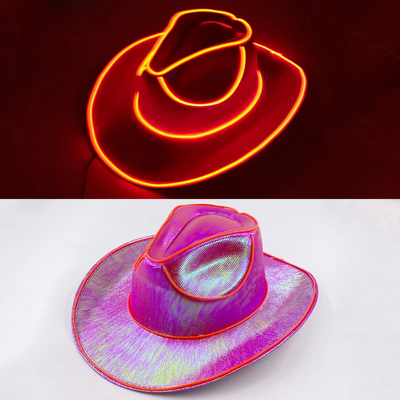 LED Western Cowboy Hat Cowgirl Hat Retro EL Wire Light Brim Jazz Top Hat Bride Cowboy Hat Cosplay Cowboy Costume For Women Men