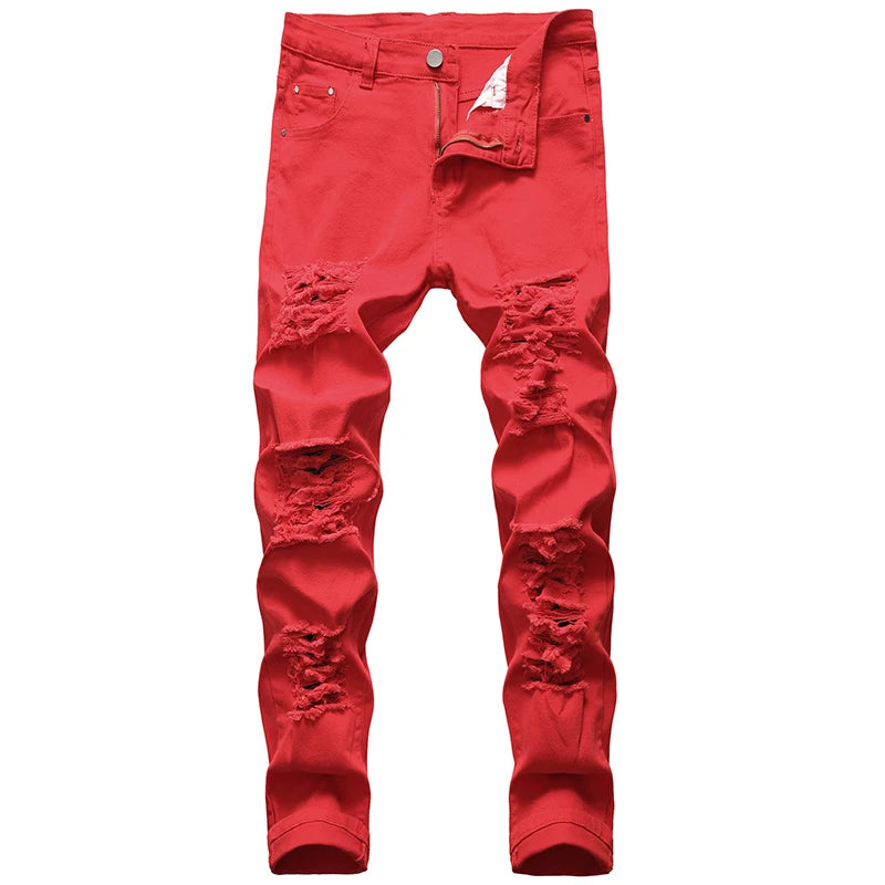Men's Red White Black Color Fashion Jeans Slim Stretch Pencil Denim Pants Hole Casual Classic Trousers Versatile Brand Big Size
