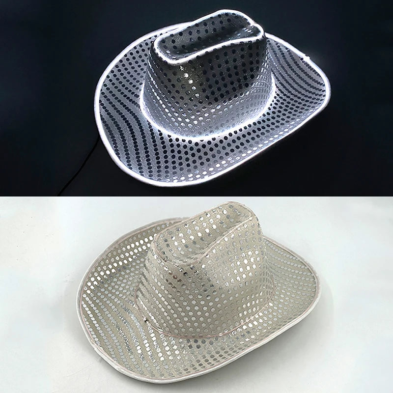 LED Western Cowboy Hat Cowgirl Hat Retro EL Wire Light Brim Jazz Top Hat Bride Cowboy Hat Cosplay Cowboy Costume For Women Men