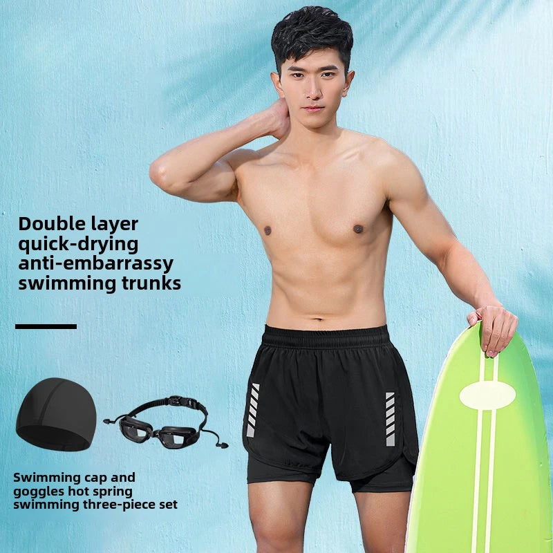 2025 New Anti Embarrassment Swimming Gear Complete Adult Swimsuit Set Swim Cap Goggles 3 Pcs Set Swimming Trunks for Men Short