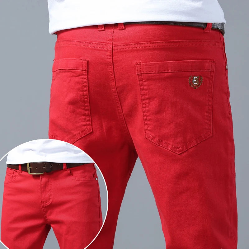Classic Men's Regular Fit Pink Red Yellow Jeans Business Fashion Denim Advanced Stretch High Quality Cotton Trousers Male Pants