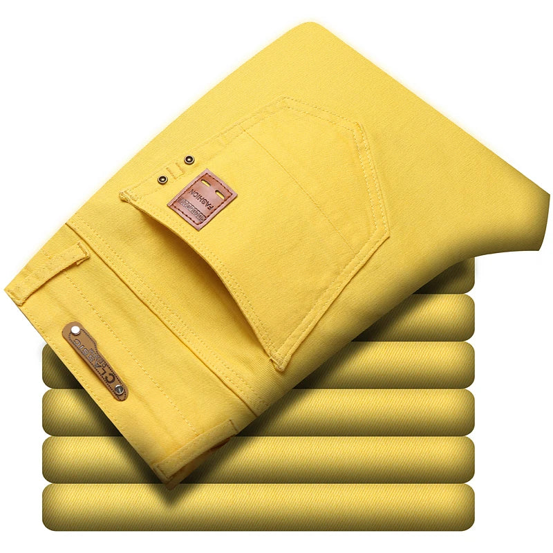 Fashion Straight Stretch Denim Pants Solid New Men's Slim Jeans Solid Yellow Red Green Blue Business Casual Classic Trousers