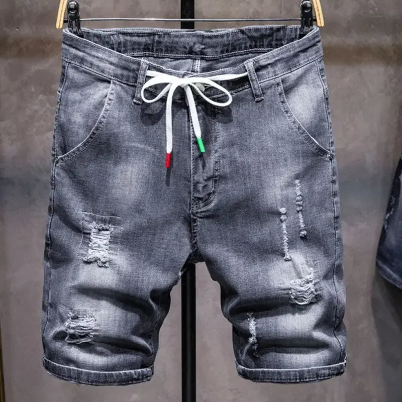 Gray Drawstring Men's Short Jeans Pants Oversize Male Denim Shorts Big Size Stretchable Wih Zipper New in Harajuku Vintage Rude