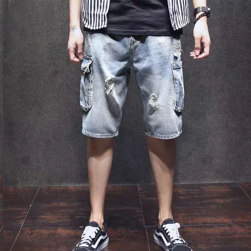 Men's Short Jeans Pants Cargo Ripped with Pockets Vintage Male Denim Shorts Streetwear Jorts Luxury Wih Zipper Buttons Blue Rude