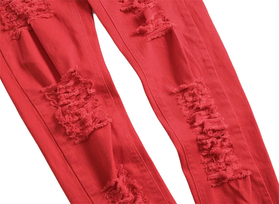 2025 New Men's Casual Jeans Trendy Red Hip Hop Holes Slim Denim Pants Ripped Trousers Versatile Stretch Distressed Pants Male