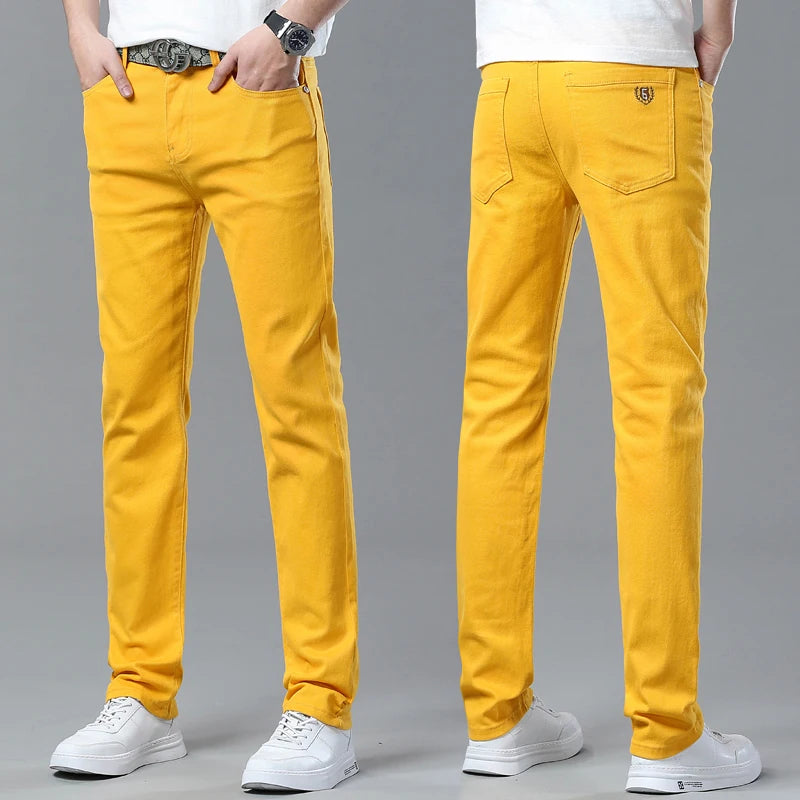 Classic Men's Regular Fit Pink Red Yellow Jeans Business Fashion Denim Advanced Stretch High Quality Cotton Trousers Male Pants