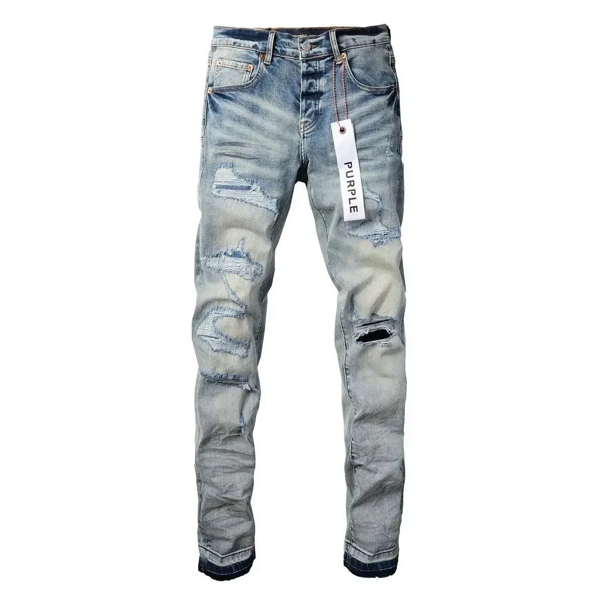 Men's purple high street fashion foreign trade small leg stretch jeans, trendy Slim hole design pants