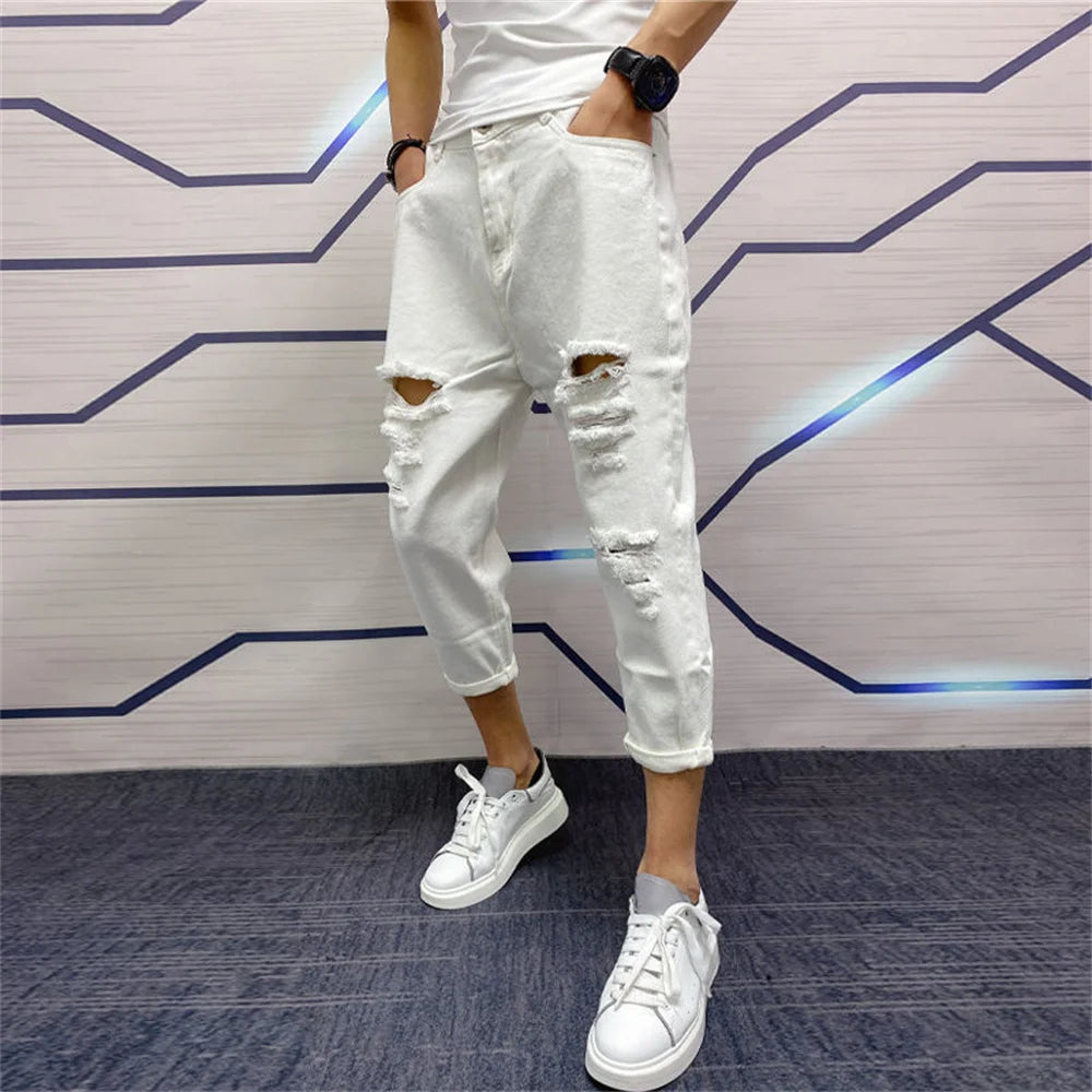 Japanese Trend New Men's Ripped Hole Jeans White Green Black Ankle Length Youth Fashion Loose Denim Harem Cargo Pants