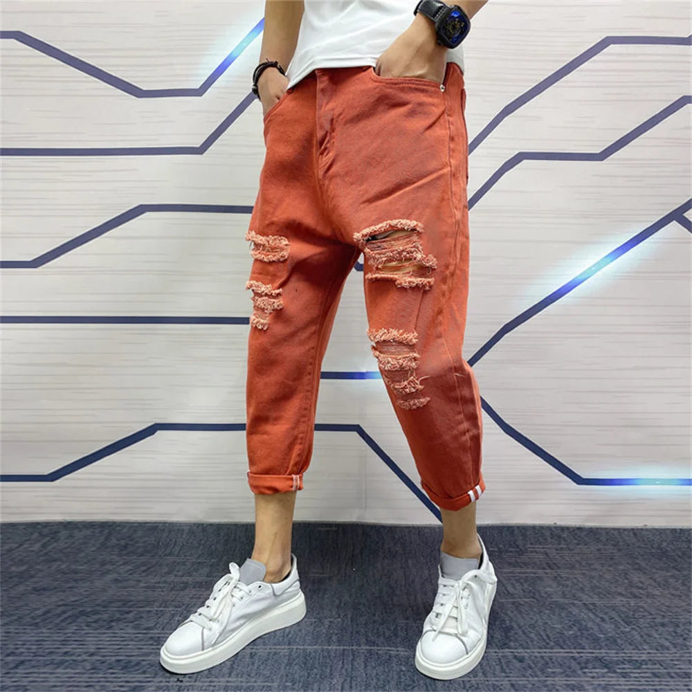 Japanese Trend New Men's Ripped Hole Jeans White Green Black Ankle Length Youth Fashion Loose Denim Harem Cargo Pants