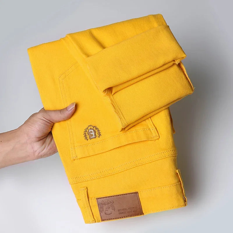 Men's Straight Pink Jeans High Quality Design Fashionable Denim Pants Stretch Slim Casual Youth Streetwear Male Yellow Red