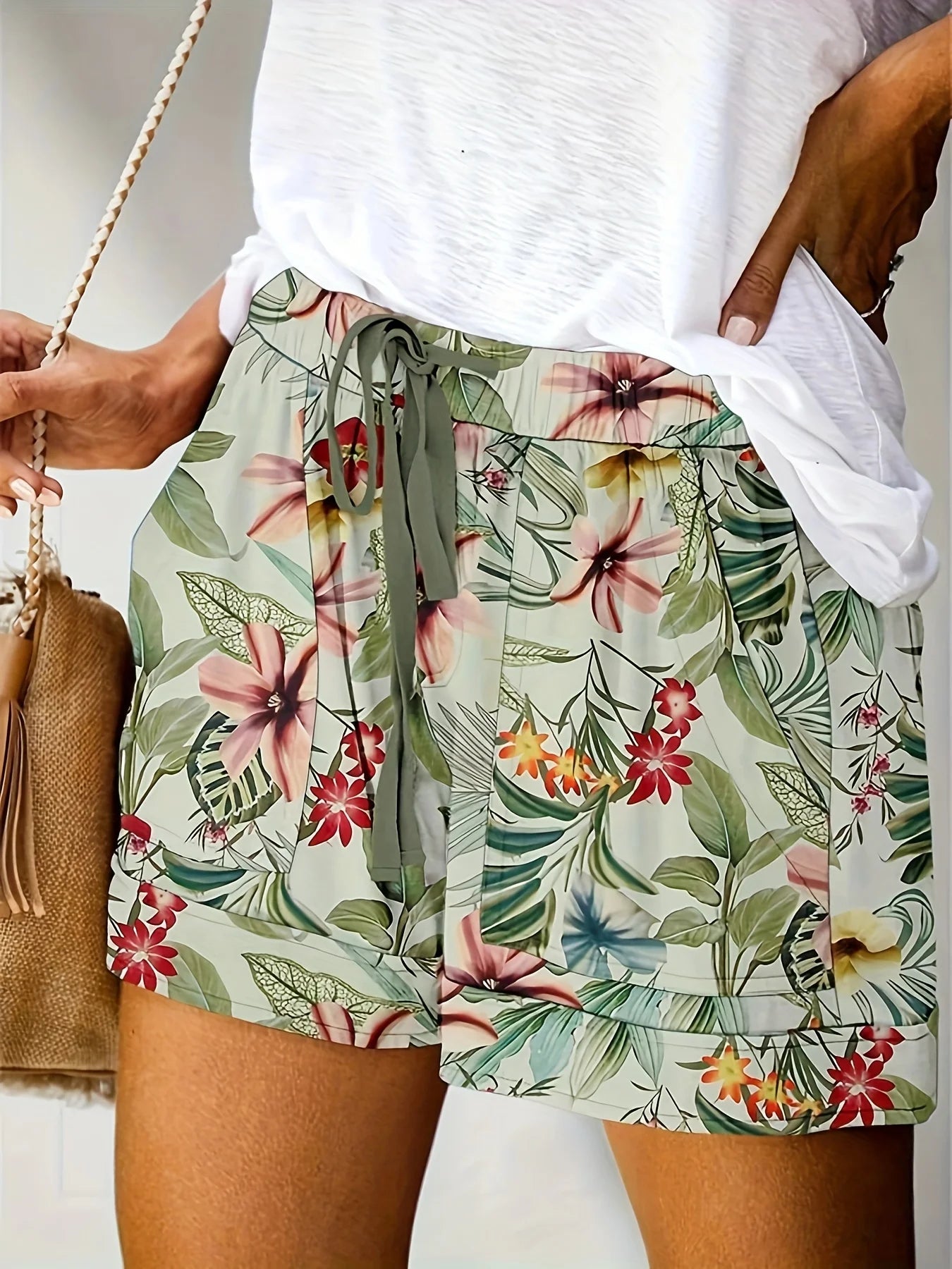 Plus Size High Stretch Loose Straight Leg Printed Women's Shorts Women’s Plus Size Clothing