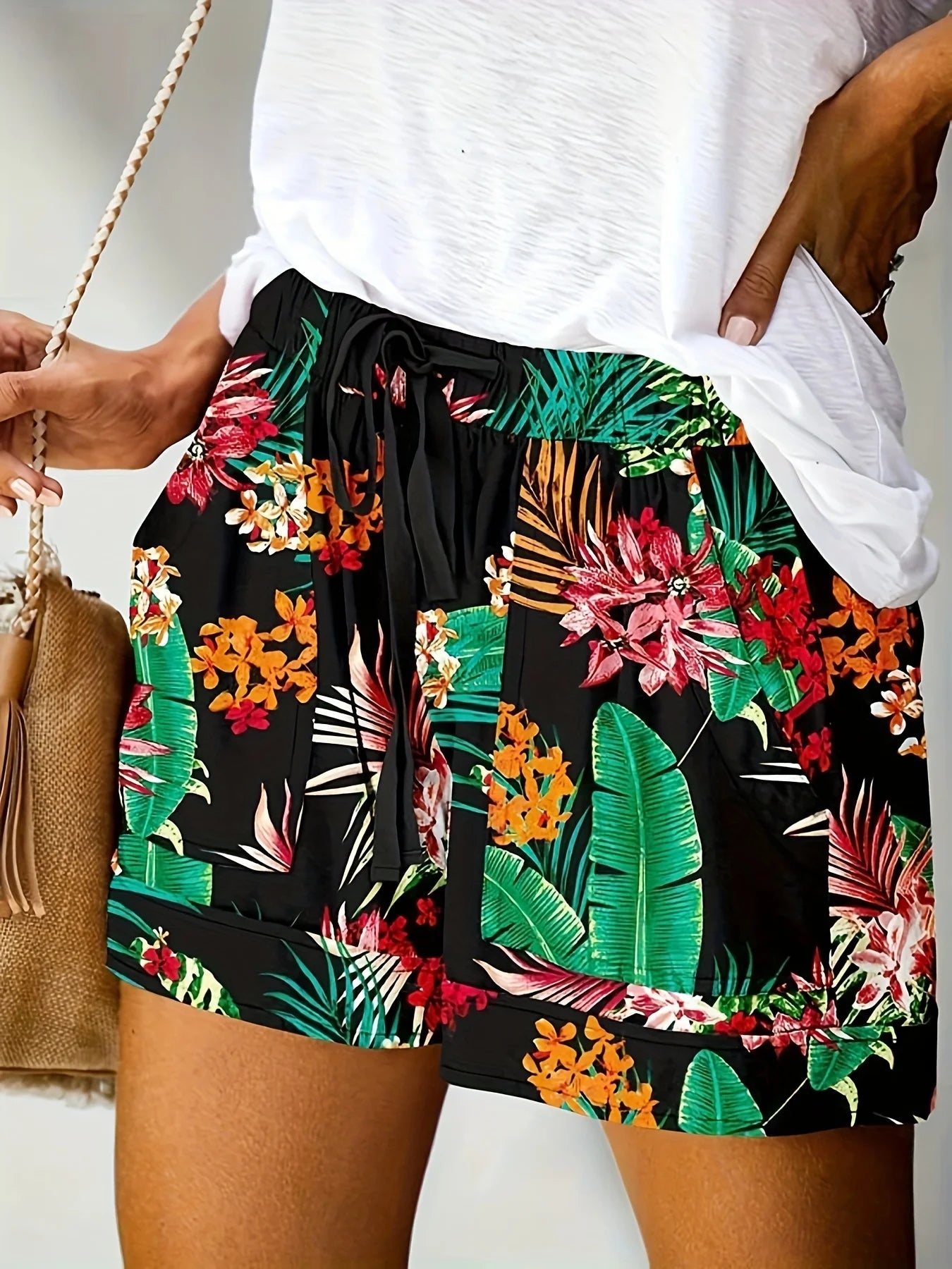 Plus Size High Stretch Loose Straight Leg Printed Women's Shorts Women’s Plus Size Clothing