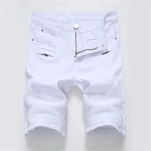 2024 Summer New Men's Jeans Shorts, Pleats and Holes Decorated Shorts, Men Blue White Black Blue Red Denim Shorts
