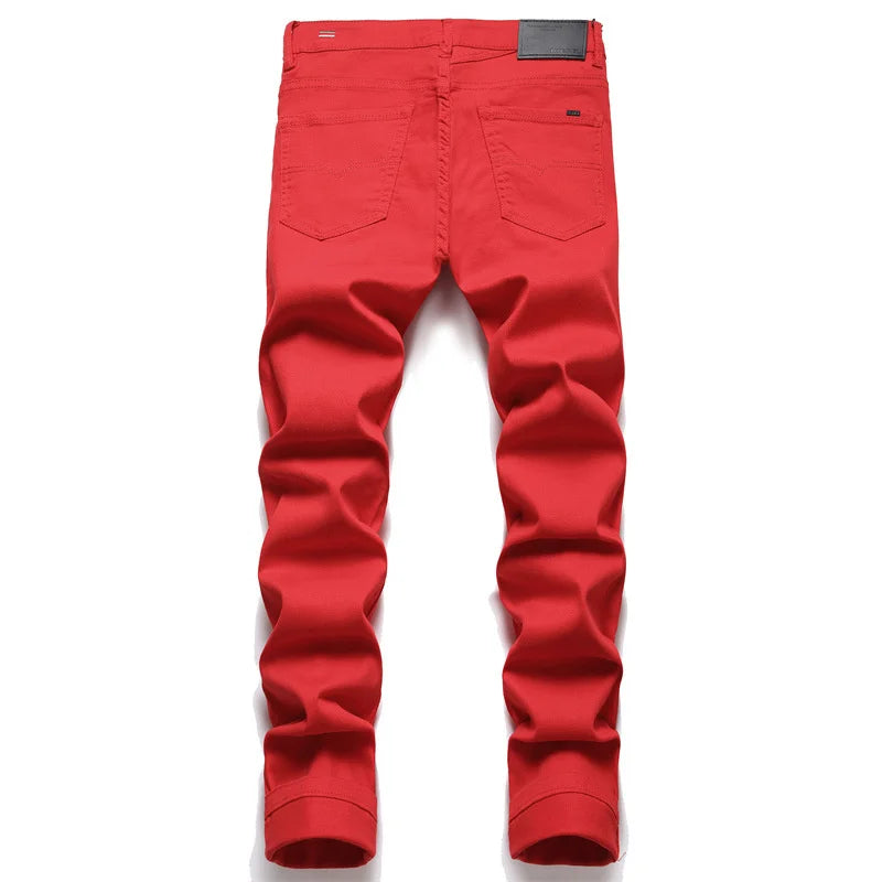 Men's Jeans Red Simple Trend Stretch Slim Pants Mid-Waist Fashion Embroidery Premium Brand Jeans Street Hip Hop Clothing