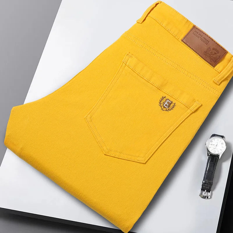 Men Classic Regular Fit Solid Color Jeans Male Business Fashion Denim Straight Leg Cotton Trousers Colorful Denim Pants