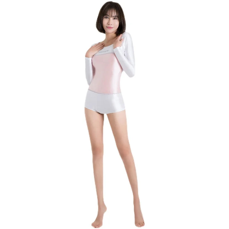 Satin Glossy Women One-piece Swimsuit Body Suits Silky Tights Shiny Sports Wetsuit Long Sleeve Bodysuit Plus Size Bathing Suits