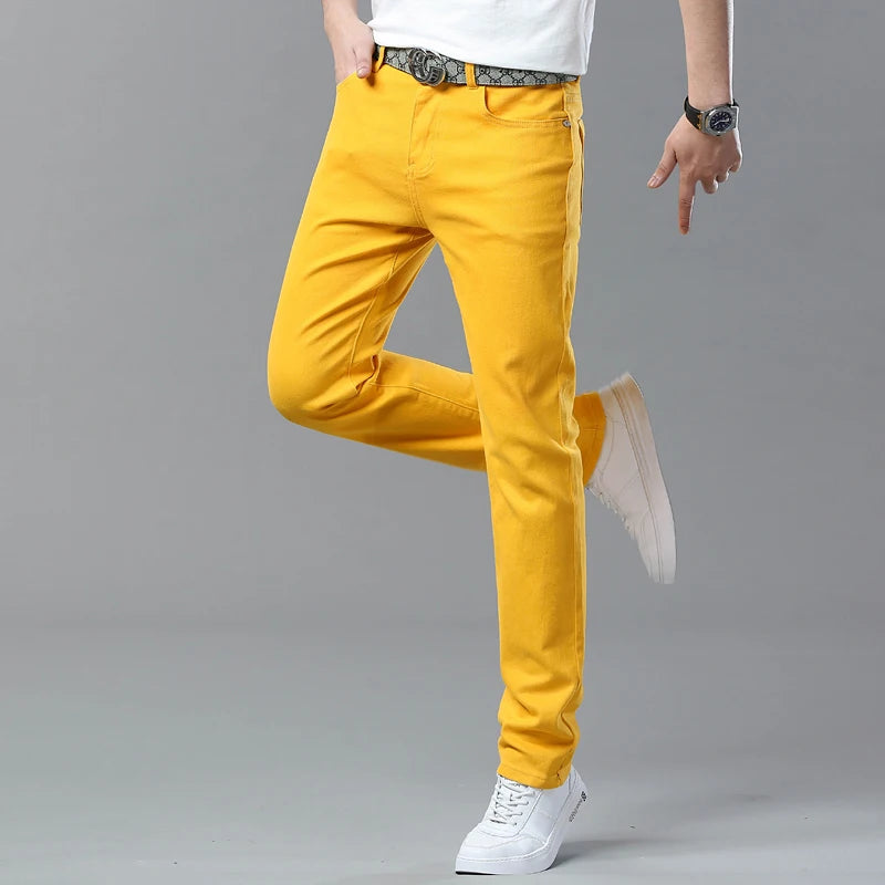 Men's Casual Stretch Slim New Jeans Solid color Business Fashion Casual Jeans Korean Straight Yellow Pink Red Male Clothing