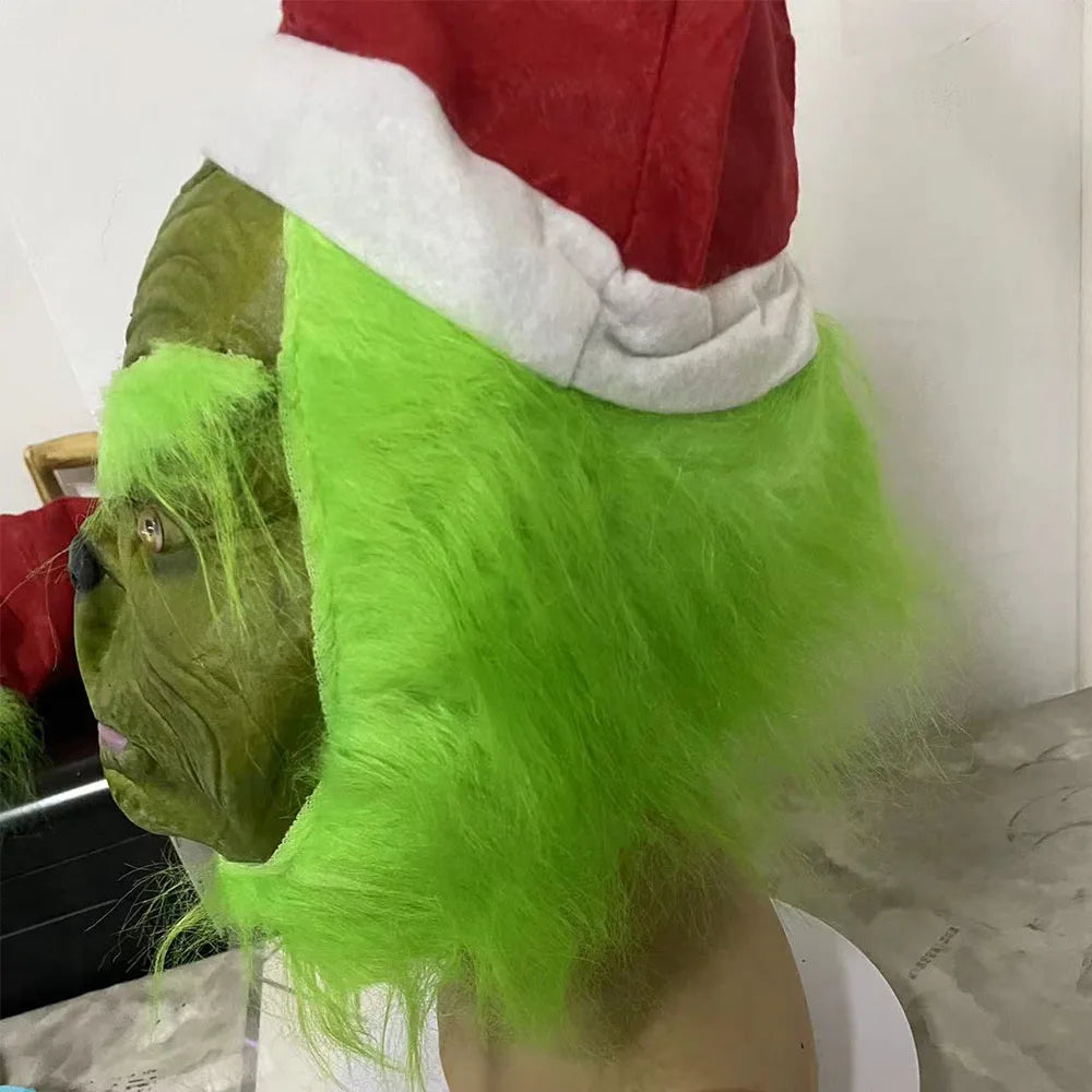 Halloween Prop New Christmas Easter Horror Mask Geek Grinch Latex Mask Hood Cosplay Green Hair Geek Grinch Scary Realistic Mask