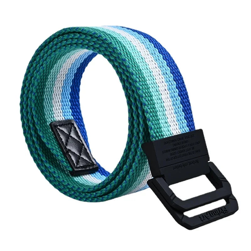 Unisex Canvas Women Rainbow Stripe Belt Metal Double Ring Buckle Jeans Student - Designer Belt for Men