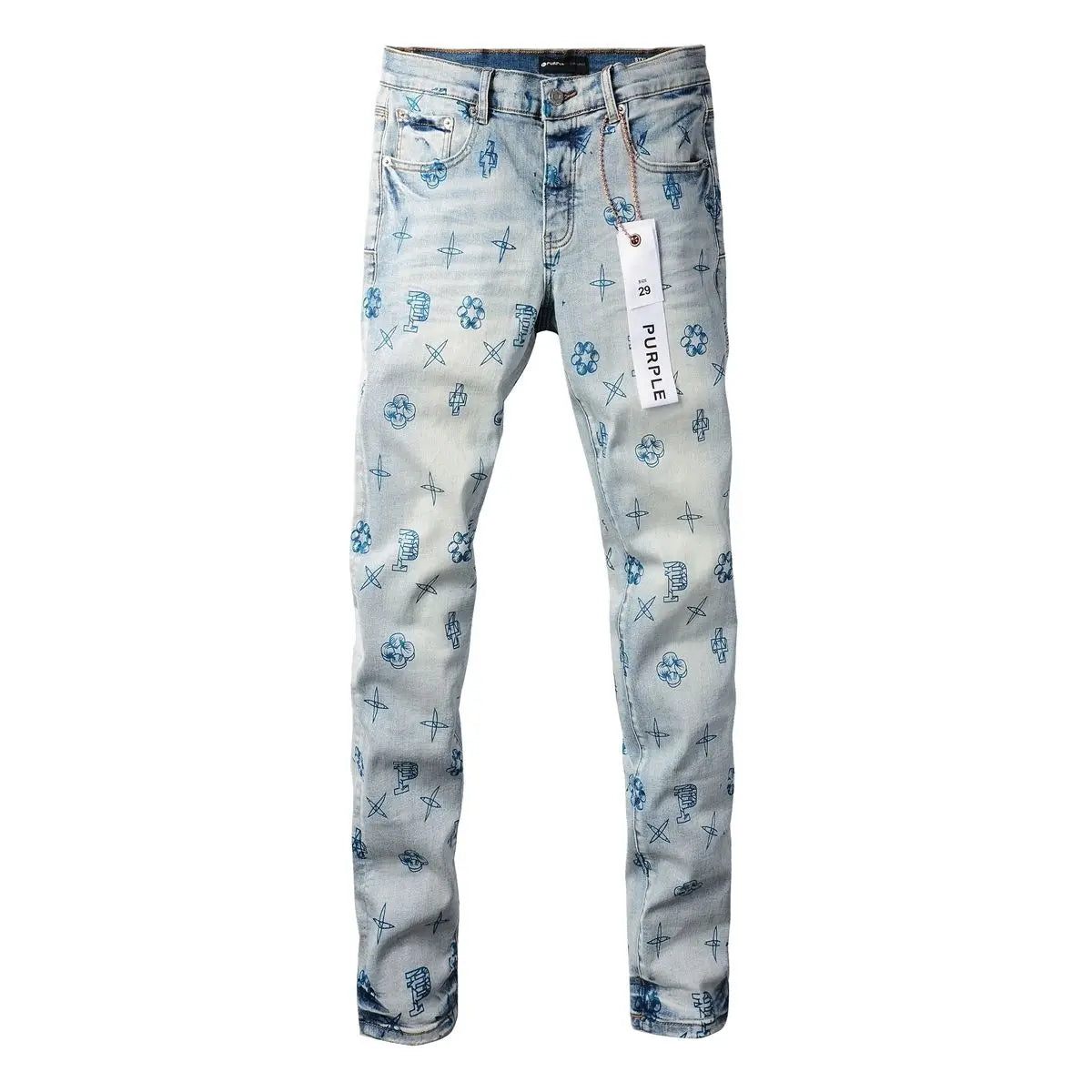 Purple new slim-fit hand-painted printed pants light blue trendy men's jeans casual pants