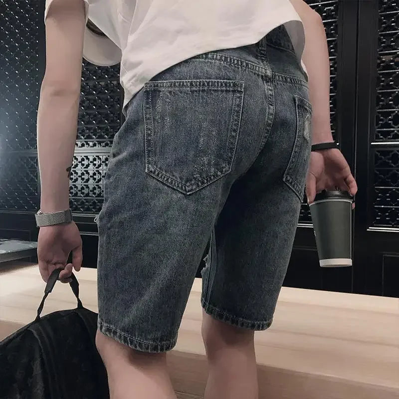 Man Denim Shorts Ripped Straight Trend 2024 Short Jeans Pants for Men New in Popular Xl Blue Y2k Fashion Cowboy Original Sale