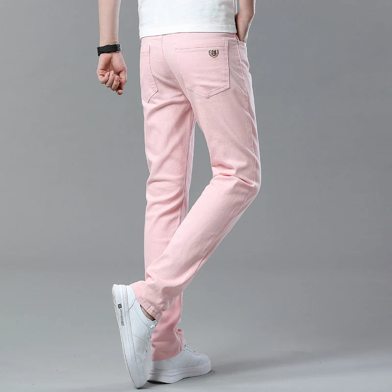 Men's Casual Stretch Slim New Jeans Solid color Business Fashion Casual Jeans Korean Straight Yellow Pink Red Male Clothing
