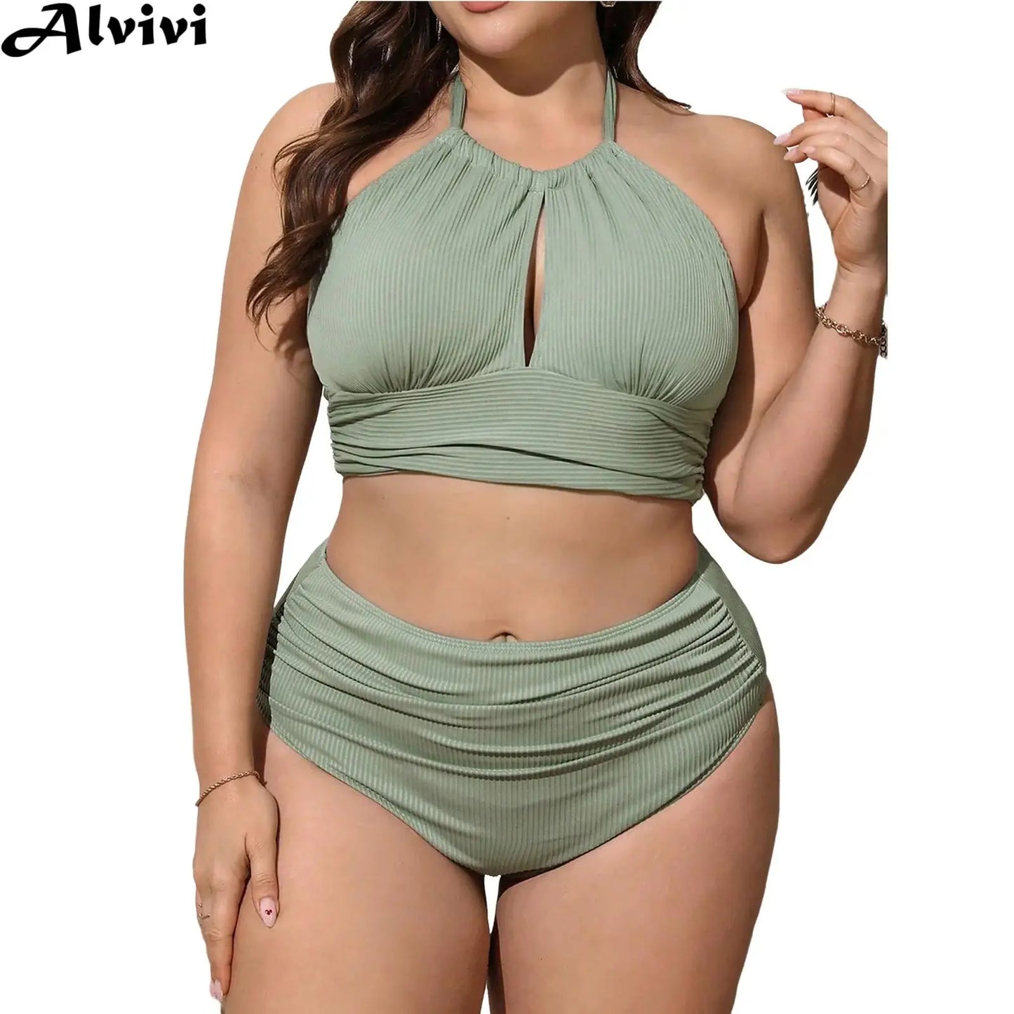 Women Plus Size Two-Piece Swimsuit Swimwear Halter Cutout Tops with Briefs Bikini Bathing Suit for Pool Beach Surfing Diving