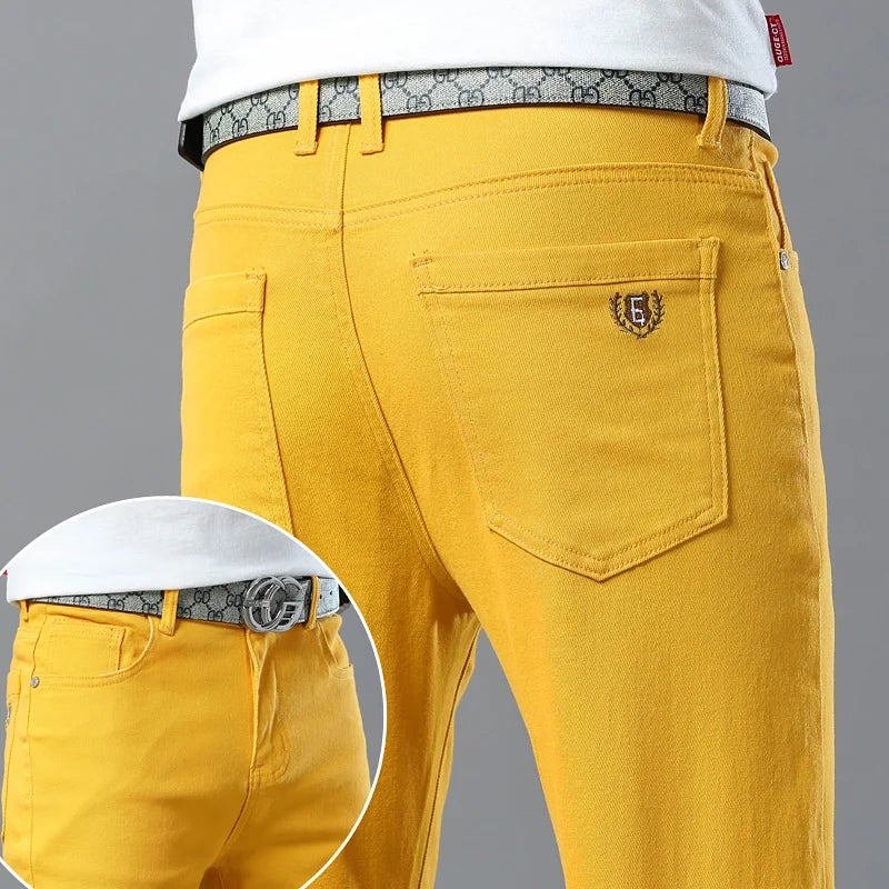 Men's Casual Stretch Slim New Jeans Solid color Business Fashion Casual Jeans Korean Straight Yellow Pink Red Male Clothing