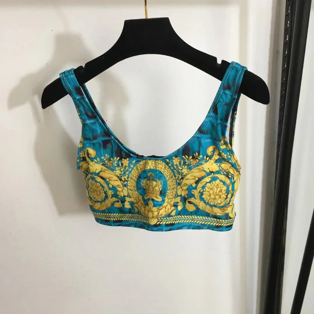 Luxury Design Women's Two-Piece Swimsuits Crocodile Pattern Crown Print Strap Tank Tops Fashion Brand Women's Yoga Sports Sets